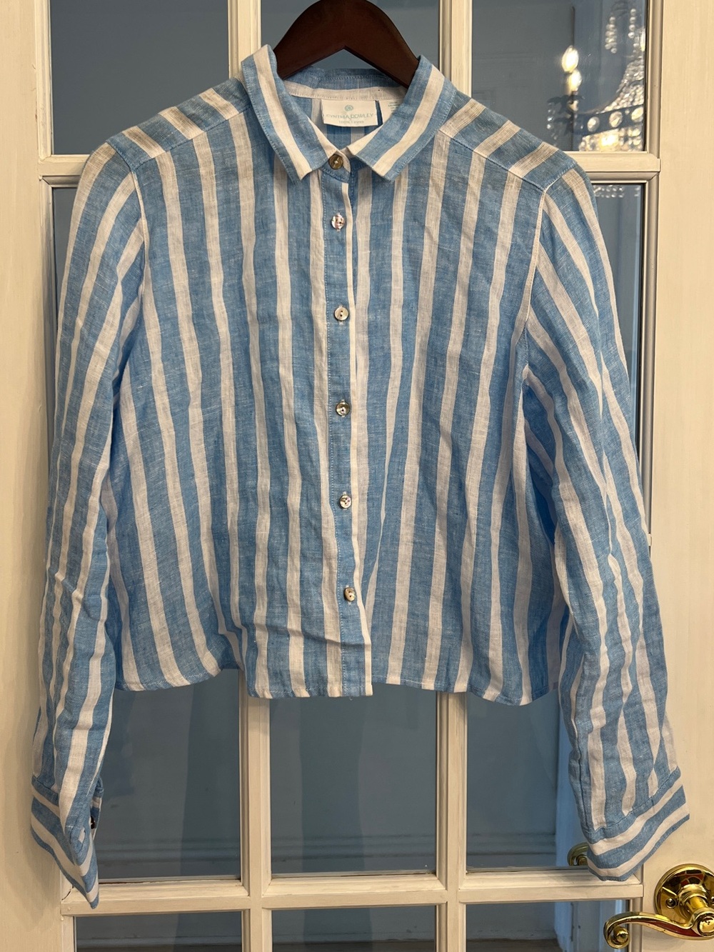 CYNTHIA ROWLEY Women’s Blue White Stripe 100% Linen Button Down Shirt M